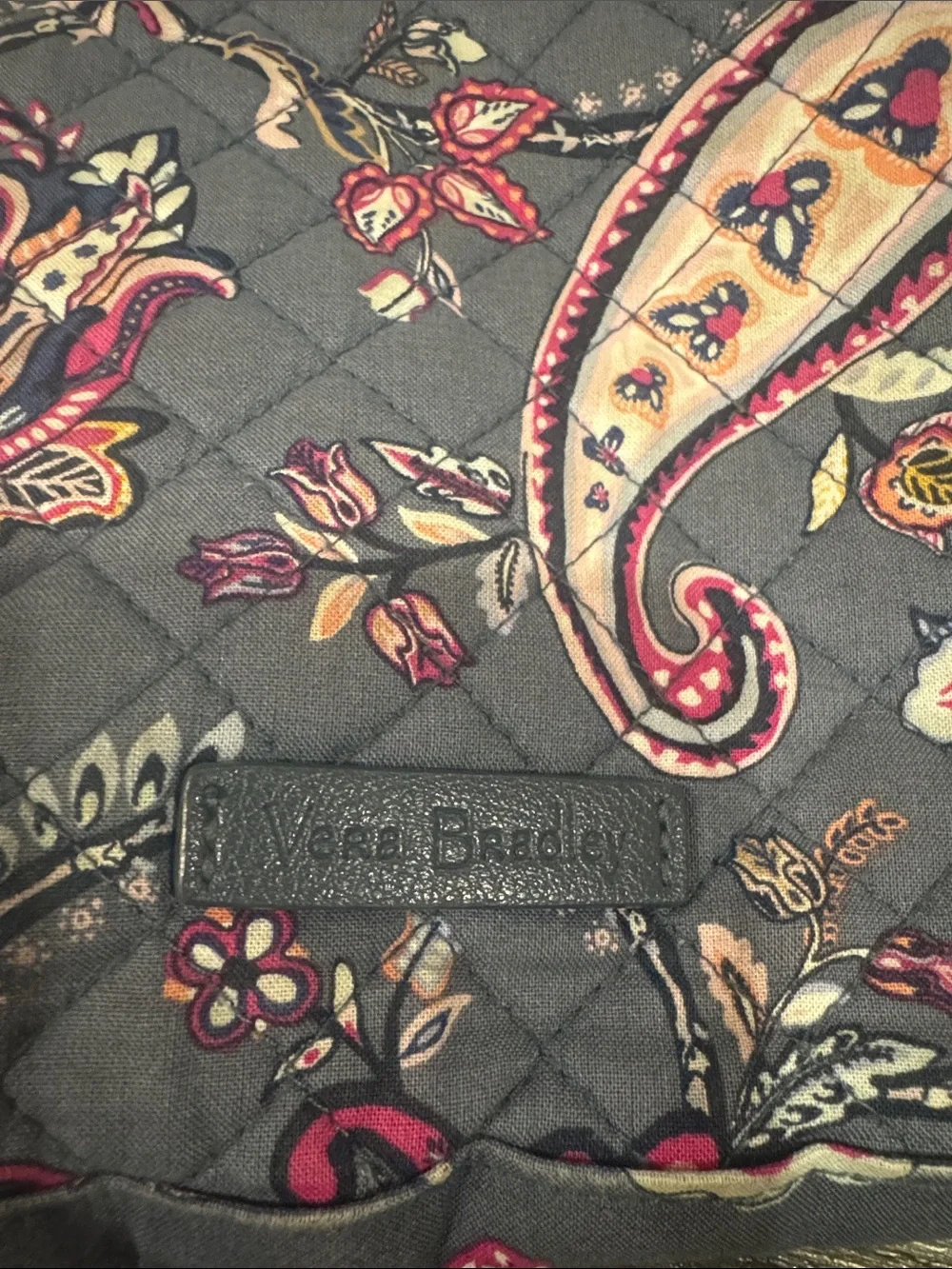 Vera Bradley Gray Paisley Quilted Crossbody with Pink Accents